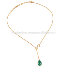 Green Chalcedony & Yellow Gold Vermil Silver Chain Neckalce for Women